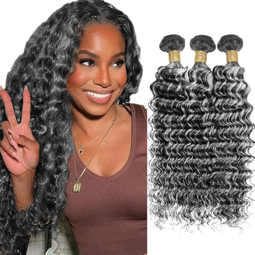 Ombre Gray Deep Wave Human Hair Bundles - 12 Inch, 3 Packs