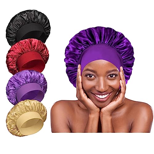 4-Pack Silk Satin Bonnets for Sleeping - Elastic Wide Band Hair Wrap