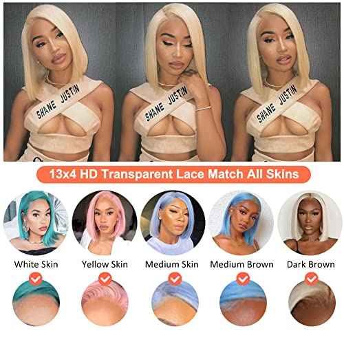 Royal Lady 613 Blonde Lace Front Bob Wig Human Hair 13x4 HD Transparent Straight Short Bob Wigs for Women 150% Density Brazilian Virgin #613 Platinum Blonde Bob Wig Pre Plucked with Baby Hair 10 Inch