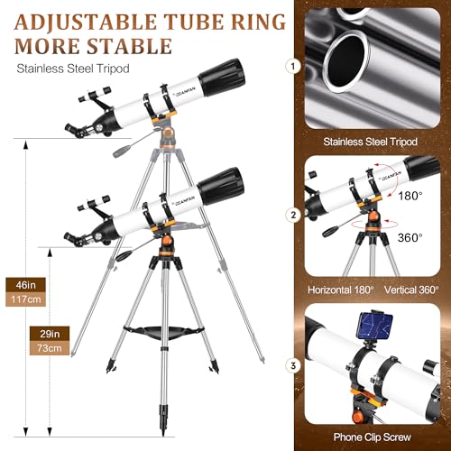 Dianfan Telescope,90mm Aperture 800mm Telescopes for Adults Astronomy,Portable Professional Refractor Telescope for Beginners & Kids,with Stainless Tripod & Phone Adapter,Carry Bag