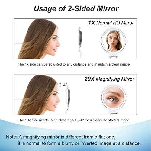 20x Magnifying Mirror, Travel Handheld Mirror - 2-Sided Hand Mirror with 1X 20X Magnification & Adjustable Handle, Portable Small Travel Makeup Mirror, Girl Women Mother's Gift