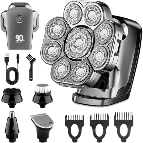 9D Head Shavers for Bald Men, 5-in-1 Electric Razor, Cordless Rechargeable Waterproof Wet/Dry Shaving Grooming Kit for Balder with Nose Trimmer, Massager, LED Smart Display, Gift for Husband Dad