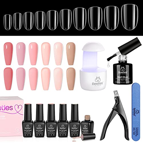 Beetles Gel Nail Polish Kit with 240Pcs Easy Nail Extension Set and 2 In 1 Nail Glue Base Gel, 6 Colors Neutral Jelly Gel Polish Kit Soak Off Nail Lamp Cured Nail Manicure DIY Home Gifts for Women