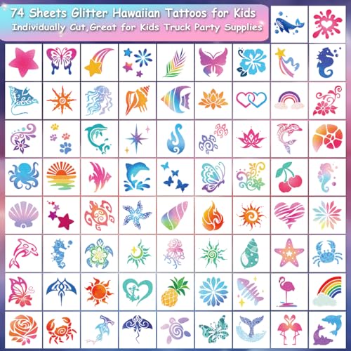 Glitter Temporary Tattoos for Aloha Party Decoration - 74 Individually Sheets Glitter Summer Tattoos for Kids Women Hawaiian Party Favors
