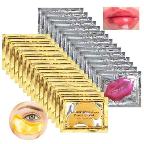 15 Pairs Collagen Crystal Eye Mask and 15 Pcs Collagen Crystal Lip Mask, Under Eye Patches and Lip Pads,Collagen Crystal Mask Set for Moisturizing, Reducing Fine Lines & Dark Circles (Gold and Pink)