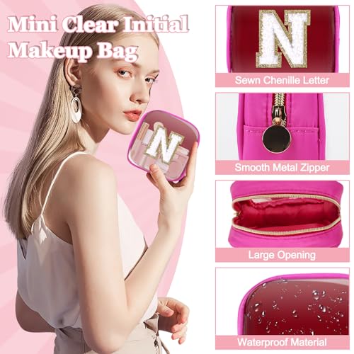 Mini Hot Pink Personalized Initial Makeup Bag - Clear Nylon Travel Cosmetic Pouch for Women & Girls