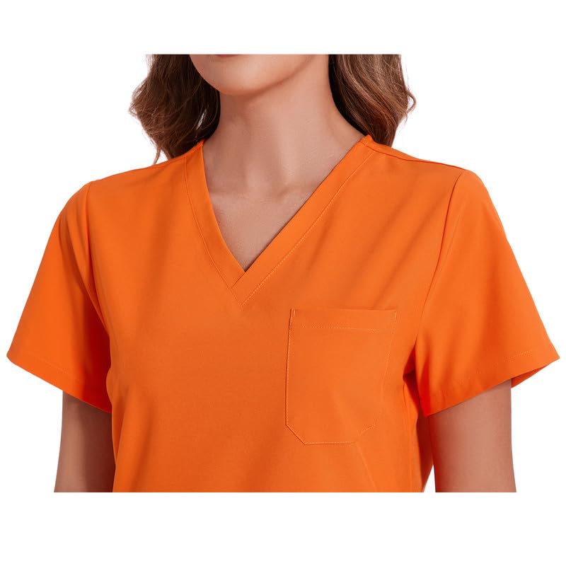 COZYFIT Scrubs for Women Set - Stretch V-Neck Scrub Top & Jogger Pant with 8 Pockets, Yoga Waistband, Anti Wrinkle, Slim Fit Women Scrubs - Orange, XS