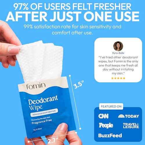 FOMIN Fragrance-Free Deodorant Wipes for Men & Women - 50 Count, Travel-Size, Biodegradable, Hypoallergenic