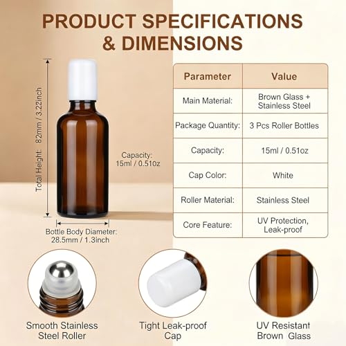 3PCS 15ml Amber Glass Roller Bottles with Stainless Steel Balls