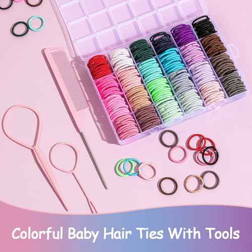 360PCS Hair Accessory Set: Elastic Ponytail Holders, Clear Organizer Box, Rat Tail Comb, 24 Colors for Kids, Toddlers, and Girls