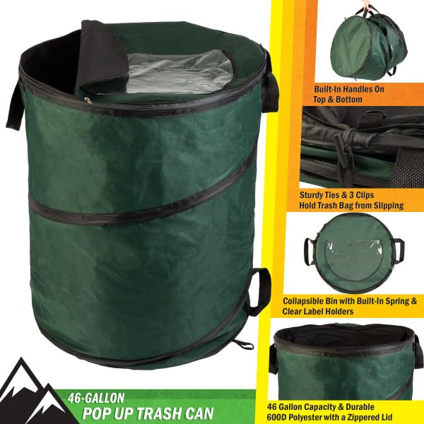 Wakeman Outdoor Trash Can 2-Pack - 46-Gallon Collapsible Garbage Cans - Pop Up Trash Cans for Camping, Storage, or Yard Waste Outdoors (Green)