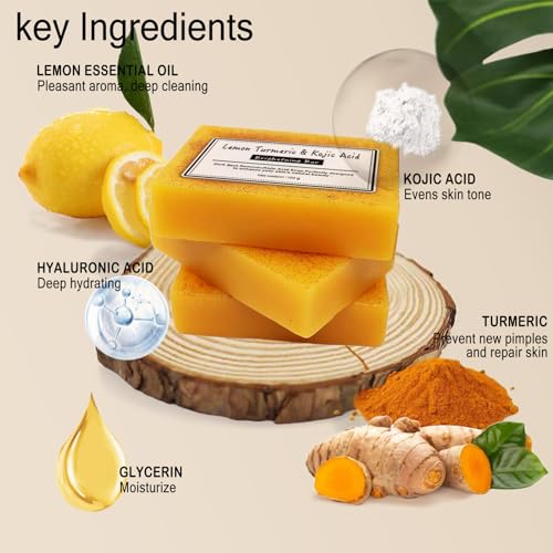 2PCS Lemon Turmeric Kojic Soap,Turmeric Soap Bar,Natural Gentle Cleanser for Face and Body,Natural Handmade So ap for Men, Women