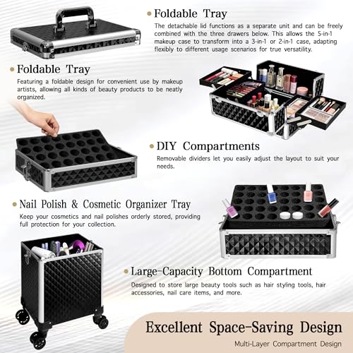 5-in-1 Rolling Makeup Train Case with Detachable Drawers