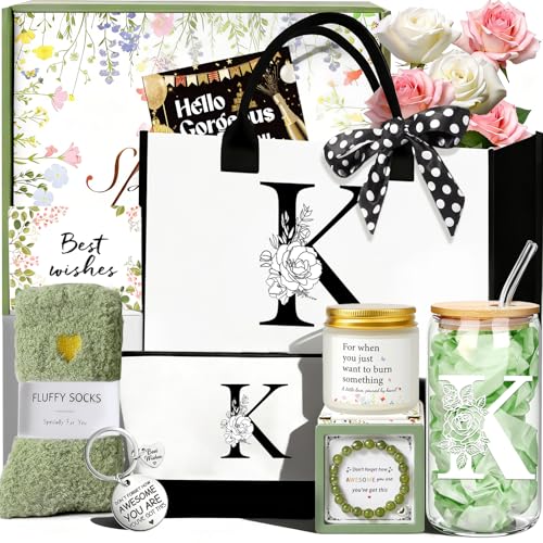 Birthday Gifts for Women, Personalized Mother¡¯s Day Gift for Women, Monogrammed Initial Gift for Her Teacher Wife Mom Friend Daughter Sister Girlfriend, Initial Tote Bag & Makeup bag (K)