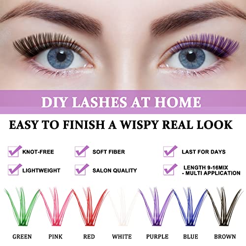 Lash Clusters Colored DIY Eyelash Extensions 280 Clusters Lashes 40D-D-16mm LASH 7 Color Mix Volume Eyelash Clusters Wispy Individual Lashes Cluster DIY at Home(7MIX,40D-D-16mm)