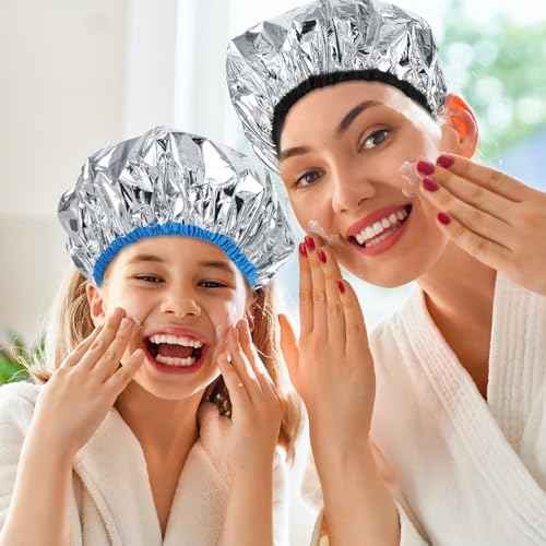 2 Pcs Heat Cap for Deep Conditioning Hair Cap for Oil Treatment Double Layer Aluminum Foil Heat Cap Reusable Steam Cap Processing Caps Shower Cap for Long Thick Hair Dyeing Home Salon Black Blue