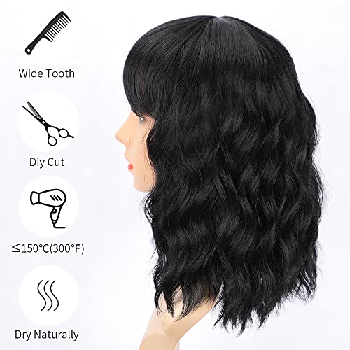 AISI HAIR Bob Curly Wig 14 inch Black Synthetic with Bangs