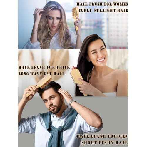 Bamboo Hair Brush for Men Women Detangling Thick Curly Hair, Natural Bamboo Bristles Wooden Paddle Hairbrush with Ergonomic handle for All Hair Types
