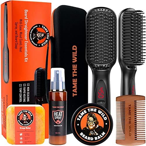 Tame The Wild Pro Beard Grooming Kit for Men - Heated Straightener with 12 Temp Settings, Heat Protector Spray, Soap, Balm, Comb & Travel Case - Gift Set