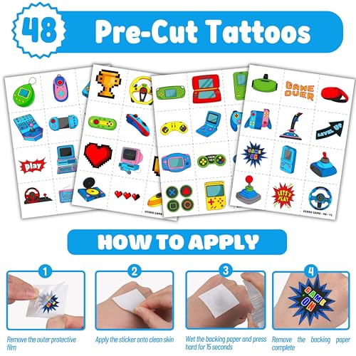Cherisnowy 72PC Video Game Party Favors - 48 Tattoos & 24 Slap Bracelets