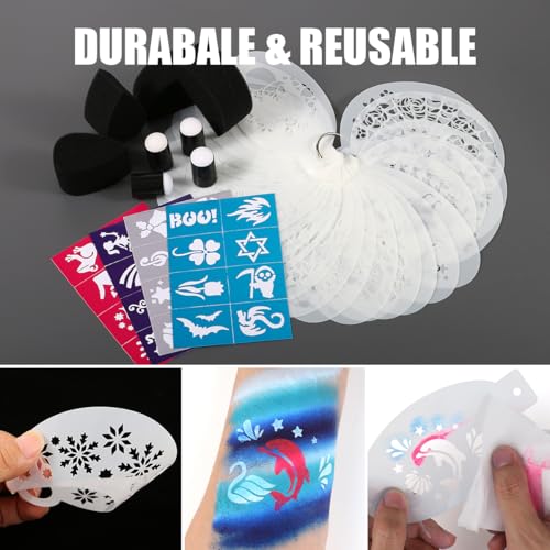 Face Paint Stencils Kit with 6 Sponges - 60 Reusable Designs