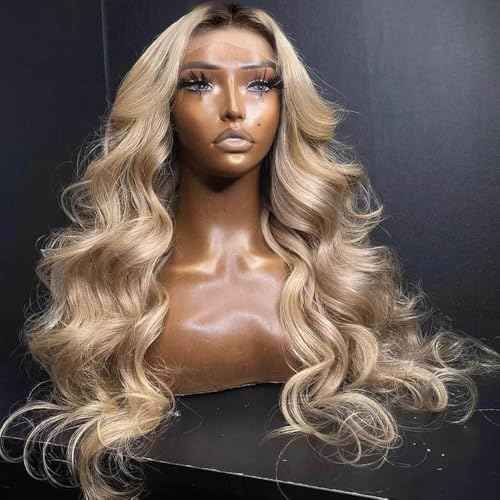 Ombre Light Ash Blonde Lace Front Wig Human Hair 210% Density Milk Tea Blonde Hair with Natural Growth Brown Roots 13x4 HD Body Wave Wig Pre Plucked Multi-Color Wigs for Any Occasion 26 Inch