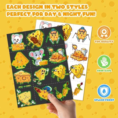 96 PCS Cheese Party Favors Set ? 72 Pre-Cut Temporary Tattoos & 24 Slap Bracelets for Kids, Perfect for Cheese-Themed Birthdays, Classroom Rewards & Party Decorations