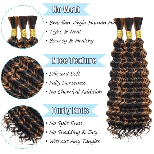 Fridnae Light Brown P1B30 Deep Wave Human Hair Bundles for Boho Braids 34 Inch