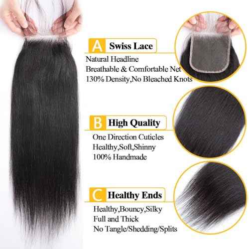 QTHAIR 16A Grade Brazilian Straight Human Hair Bundles with 4X4 HD Lace Closure(18" 20" 20"+16"Free Part Lace Closure,Natural Black) 100% Unprocessed Brazilian Virgin Hair Extensions for Women