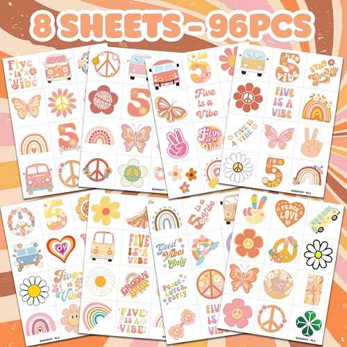96 PCS Five Is A Vibe Pre-Cut Temporary Tattoos Themed 5th Birthday Party Decorations Favors Supplies D?cor Groovy Retro Boho Rainbow Hippie Die Cut Tattoo Stickers Gifts For Game Boys Girls School
