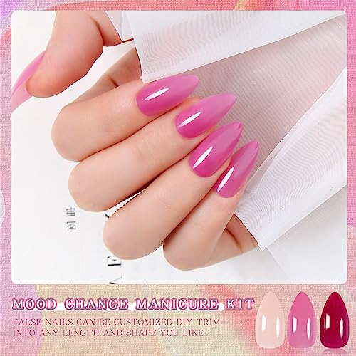 Sun Change Color Nail Tips Pink To Red Mood Change Manicure Kit Stiletto Acrylic Stick on Static Nails for Women Girls