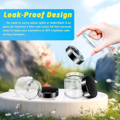 MotBach 4oz Glass Jars with Lids - 3 Pack, 120ml (Black Variation) with Inner Liners & Mini Spatulas