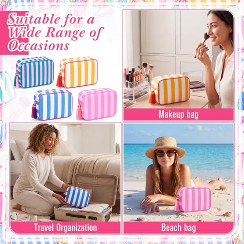 4 Pack Striped Makeup Bags with Tassel Zipper, Large Cosmetic Pouch