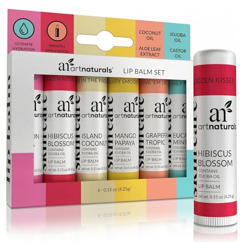 ArtNaturals Beeswax Lip Balm Gift Set ? 6 Pack Assorted Flavors with Coconut Oil, Aloe & Jojoba Oil ? Hydrating, Nourishing, Natural Lip Care