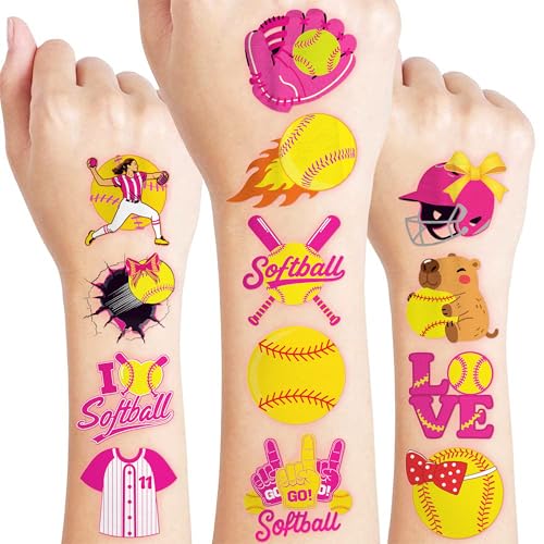 96 PCS Softball Sports Pre-Cut Temporary Tattoos for Kids | Super Cute Softball Themed Birthday Party Favors, Supplies, Decorations, Fake Tattoo Stickers, School Rewards & Gifts Boys & Girls, Carnival