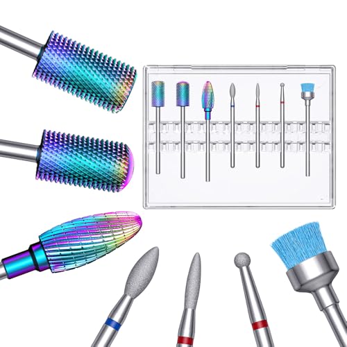 7Pcs Nail Drill Bits Set for Acrylic Nails - Tungsten Carbide & Diamond Cuticle Bits with Safety Round Top, 3/32" Professional Nail Tech Kit for Gel Removal, Beginner Friendly Manicure Pedicure Tools