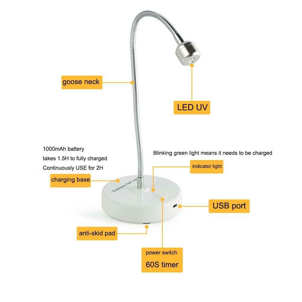 YIZHUO 3W UV/LED Nail Lamp, Flash Cure Light for Gel-X & Semi-Cured Gel Strips, Portable Rechargeable Gooseneck Design, Cordless Nail Dryer for Home Salon Use
