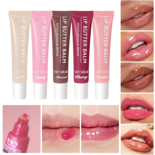 5-Color Lip Balm Butter Set with Plumping Gloss Oil