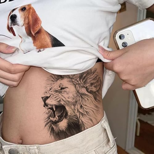 2 Sheets Realistic Animal Large Temporary Tattoos Stickers Sketch Lifelike Lion Roar Designs For Men Waterproof Arm Leg Fake Body Art, Gym & Parties Bold Masculine Decals