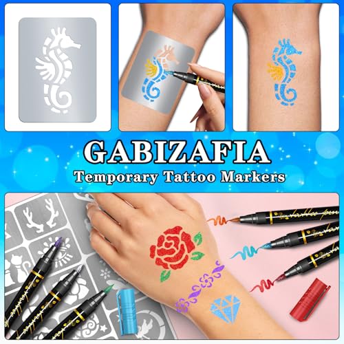 12 Metallic Tattoo Markers + 160 Stencils for Kids & Adults