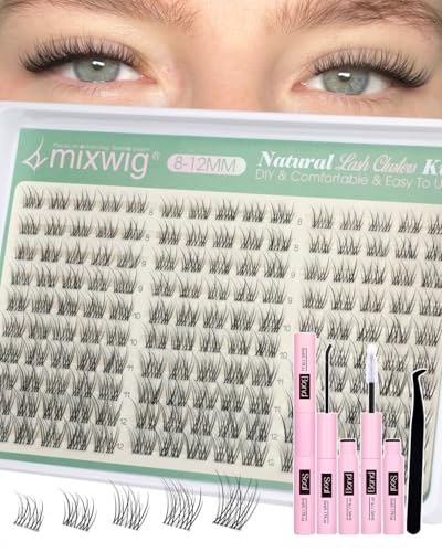 Lvmixwig B-Natural Short 8-12mm Lash Clusters Kit with Bond & Seal, Invisible Band, Tweezers