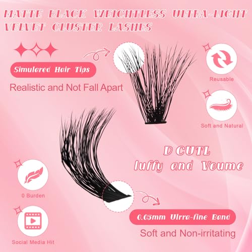 Lash Clusters Kit 60D DIY Cluster Eyelash Extensions 3D Effect D Curl 8-16mm Mixed Length Individual Lashes Kit with Lash Bond and Seal Waterproof and Applicator for DIY Lash Clusters Kit