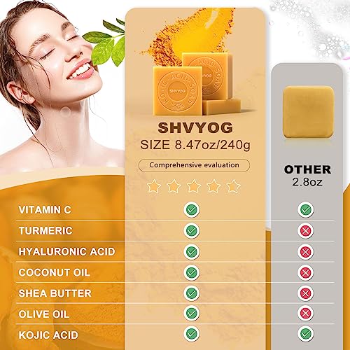 SHVYOG Kojic Acid Soap, Turmeric Soap Bar, Dark Spot Remover with Vitamin C Hyaluronic Acid for Deep Cleansing, Gentle Soap for Face and Body with A Foaming Net, 8.47oz（3 Pack）