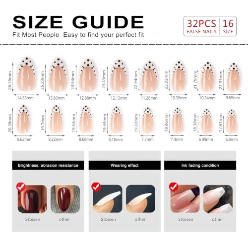 Stbisen Paris Dots Medium Almond Press On Nails Nude Pink French Tips with Black Polka Dots, Reusable Glossy Fake Nails, 24pcs
