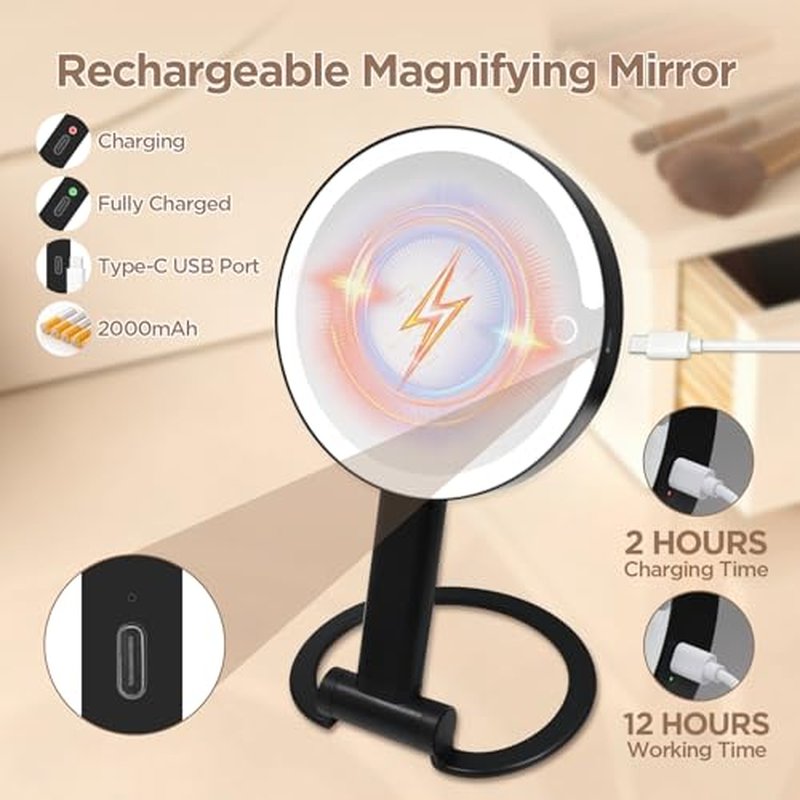 Lighted Makeup Mirror with 3 Color Modes & 10X Magnification - Portable