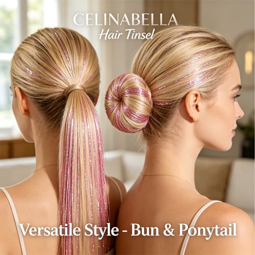 Neon Pink Clip-in Hair Tinsel 12PCS 23 Inch Heat-Resistant Glitter Hair Extension