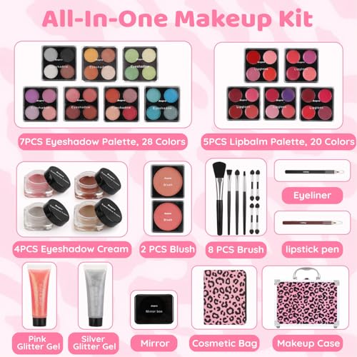 Anpro All-In-One Leopord Double Folding Makeup Kit with Case, Pro Teen Makeup Set, Full Starter Kit with Makeup Brushes, Lipsticks, Eyeshadow Palette, Blushes, Glitter Gel, Ideal Present for Girls