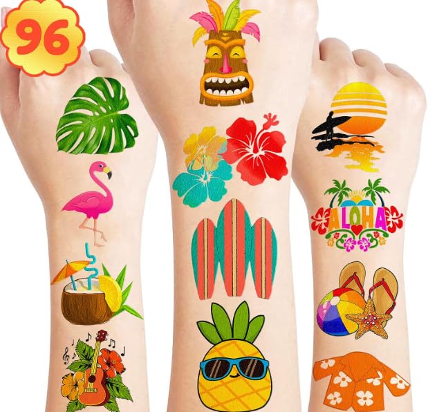 96 PCS Hawaiian Luau Temporary Tattoos for Kids