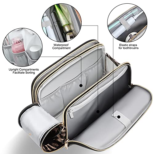 BOOMRICH Large Travel Makeup Bag, Cosmetic Bag, Toiletry Bag for Women, Water-Resistant Leather Toiletry Organizer, Dopp Kit for Toiletries Accessories, Leopard