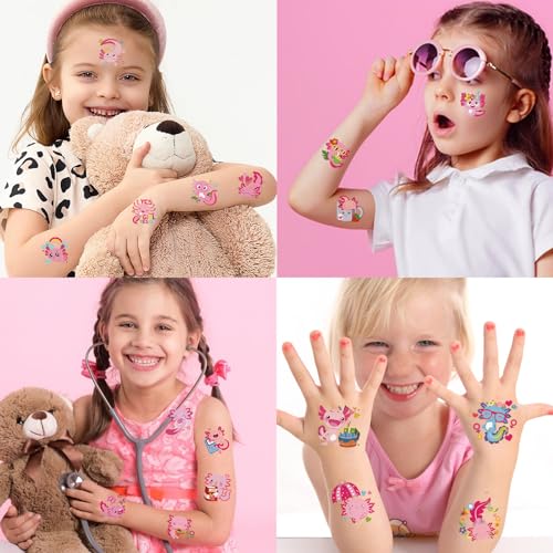 Konsait 96PCS Axolotl Tattoos for Kids, Pre-cut Axolotl Theme Temporary Tattoos, Axolotl Birthday Decorations Party Favors, Kids Axolotl Gifts & Reward, 48 Designs
